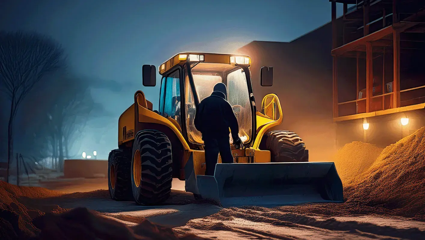 An AI-generated image of a thief standing in front of a skidsteer in the darkness at a construction site. 